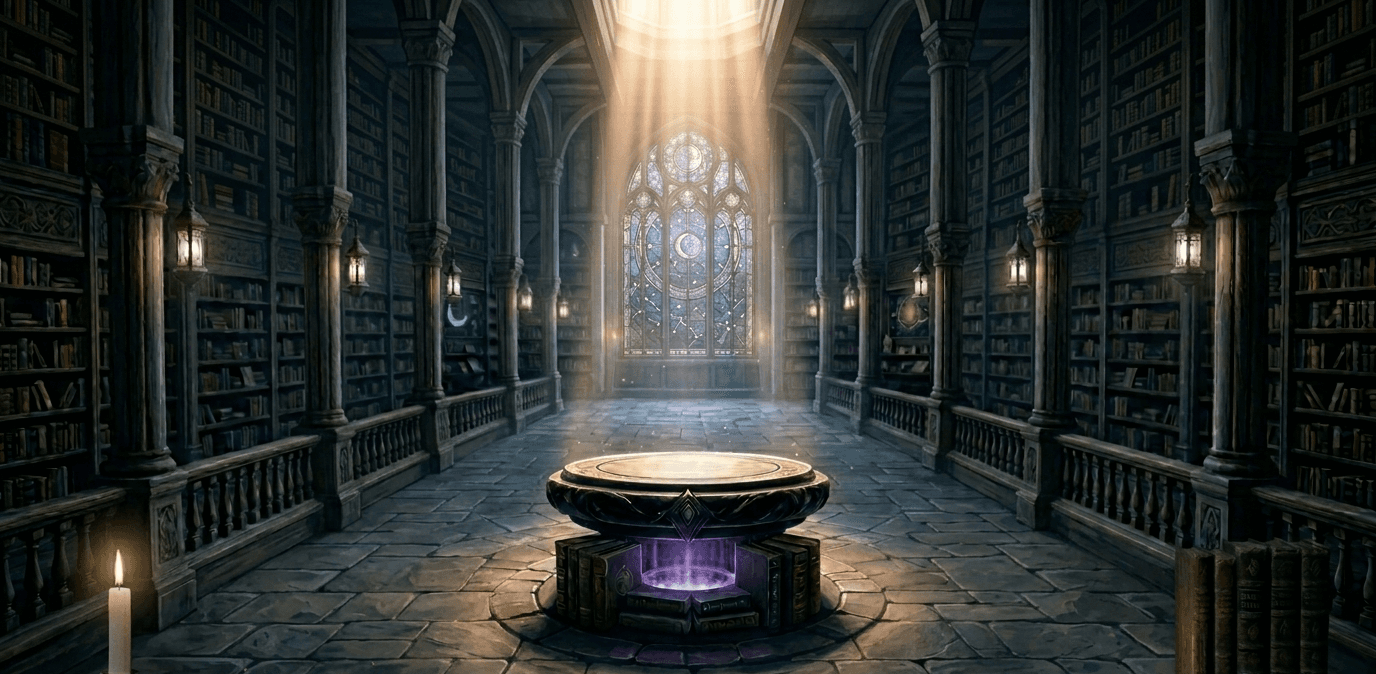 imagen del interior de una biblioteca con un pedestal en el centro